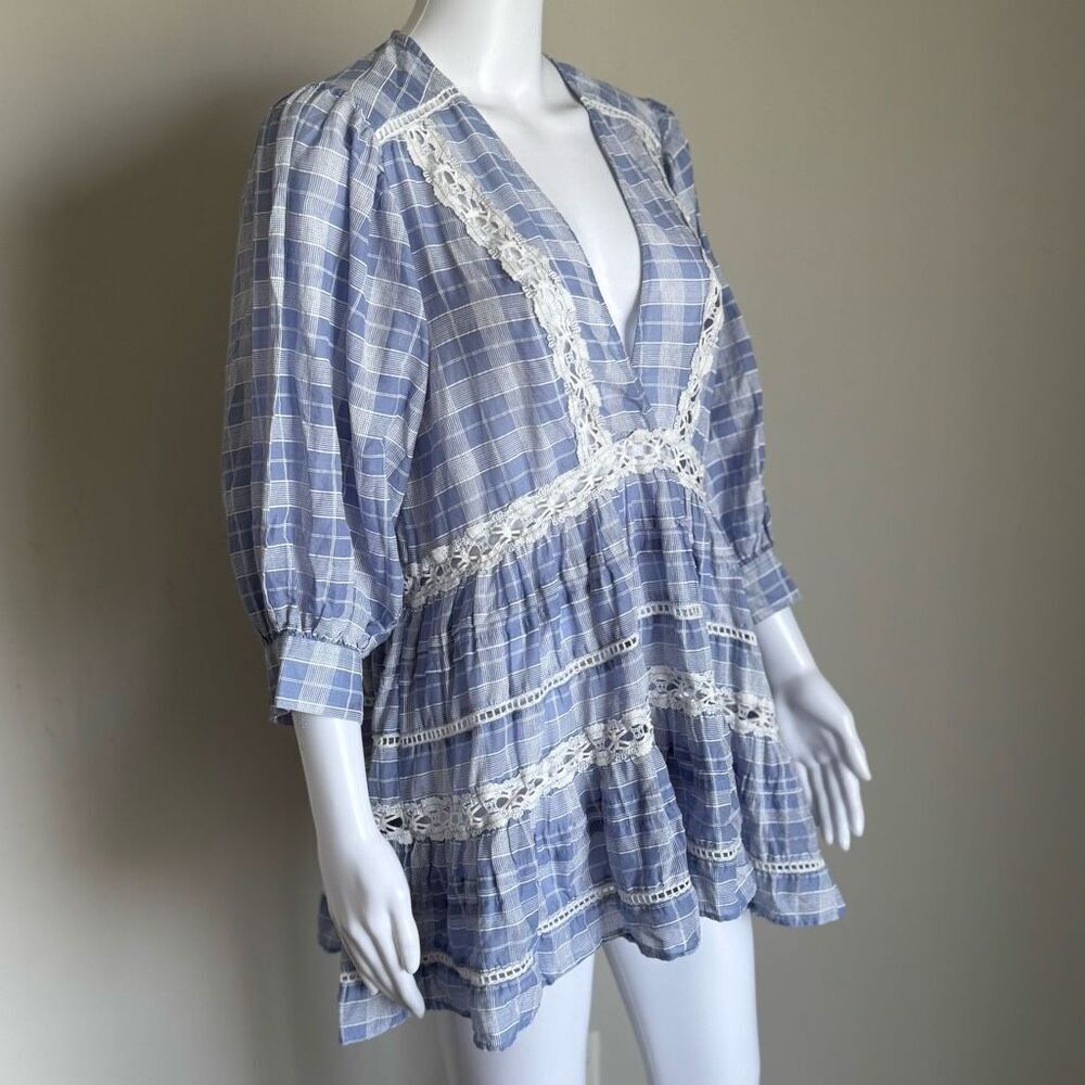 Free People Boho Lace Crotchet Plaid Puff Sleeve Top